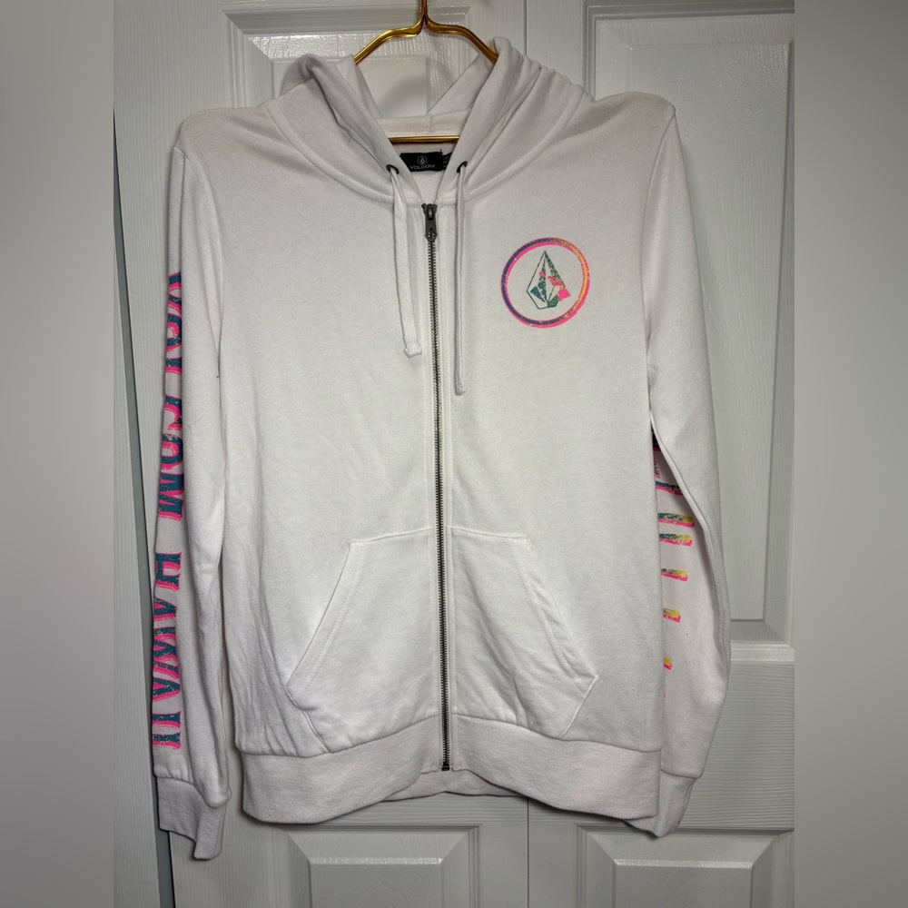 NWT Volcom Surf Fleece Hoodie Fill Zip Hawaii SMALL White Stone Love